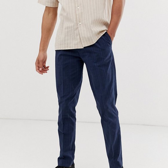 ASOS DESIGN Tall slim crop smart pants in blue seersucker check - Picture 1 of 9